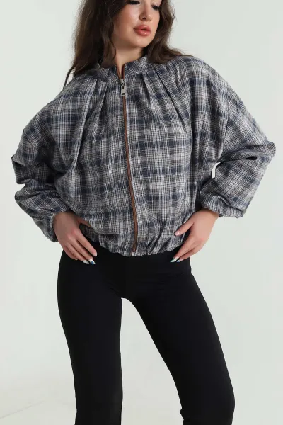 İndigo Ekose Bomber Kadın Mevsimlik Mont 484489