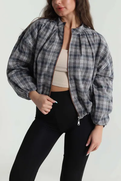 İndigo Ekose Bomber Kadın Mevsimlik Mont 484489
