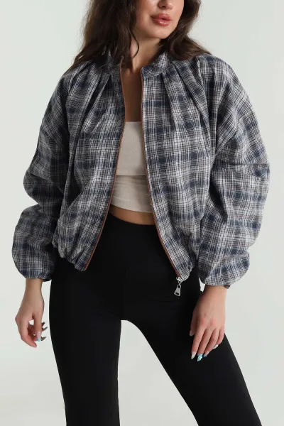 İndigo Ekose Bomber Kadın Mevsimlik Mont 484489