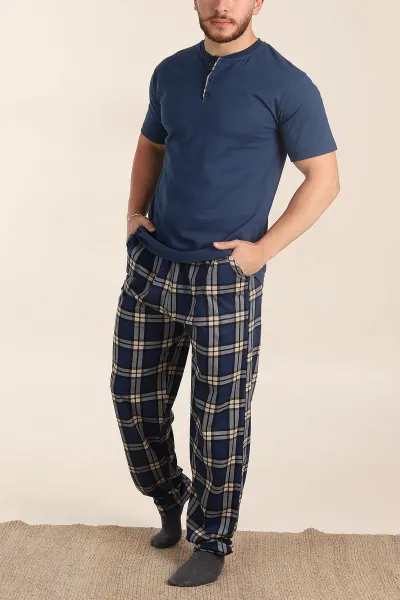 indigo-ekose-desenli-3-dugmeli-kisa-kol-erkek-pijama-takimi-357475