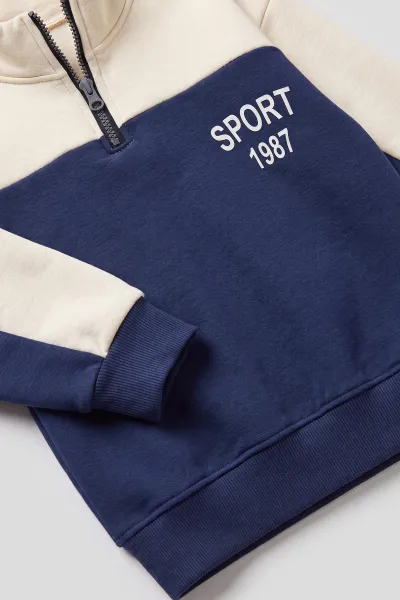 İndigo Ekru (5-12 Yaş) Garnili Sport  Baskılı  Yarım Fermuarlı     3 İp Şardonlu Erkek Çocuk Kışlık Takım 481537