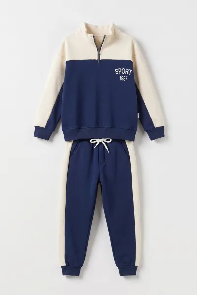 İndigo Ekru (5-12 Yaş) Garnili Sport  Baskılı  Yarım Fermuarlı     3 İp Şardonlu Erkek Çocuk Kışlık Takım 481537
