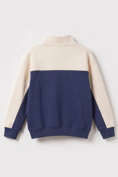 İndigo Ekru (5-12 Yaş) Sports Baskılı Yarım Fermuarlı 3 İp Şardonlu Erkek Çocuk Sweatshirt 481751