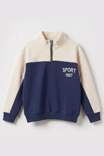 İndigo Ekru (5-12 Yaş) Sports Baskılı Yarım Fermuarlı 3 İp Şardonlu Erkek Çocuk Sweatshirt 481751
