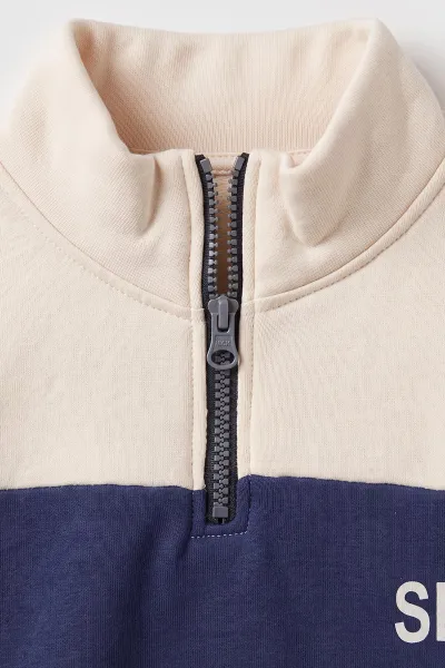 İndigo Ekru (5-12 Yaş) Sports Baskılı Yarım Fermuarlı 3 İp Şardonlu Erkek Çocuk Sweatshirt 481751
