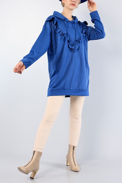 İndigo Fırfır Tasarımlı Kapüşonlu Sweat Tunik 79463
