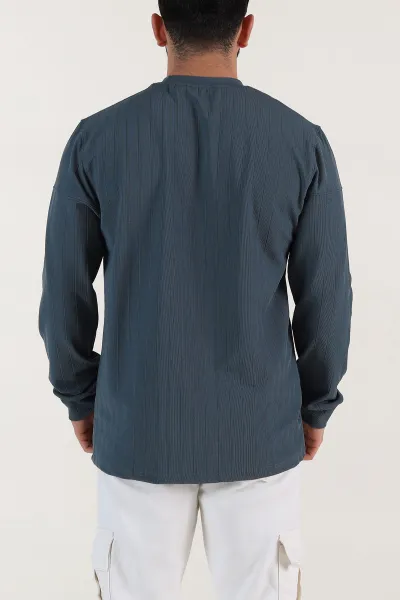 İndigo Fitilli Nakışlı Bisiklet Yaka Erkek Sweatshirt 396905
