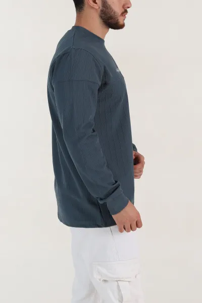 İndigo Fitilli Nakışlı Bisiklet Yaka Erkek Sweatshirt 396905