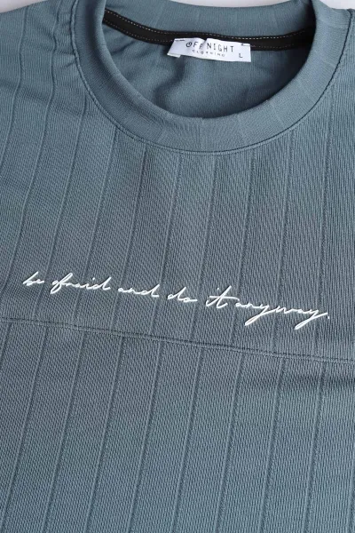 İndigo Fitilli Nakışlı Bisiklet Yaka Erkek Sweatshirt 396905
