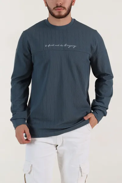 İndigo Fitilli Nakışlı Bisiklet Yaka Erkek Sweatshirt 396905