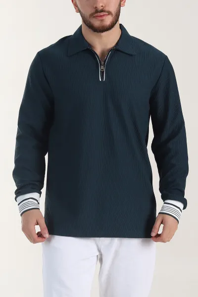 İndigo Fitilli Yarım Fermuarlı Dik Yaka Erkek Sweatshirt 404810