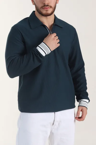 İndigo Fitilli Yarım Fermuarlı Dik Yaka Erkek Sweatshirt 404810