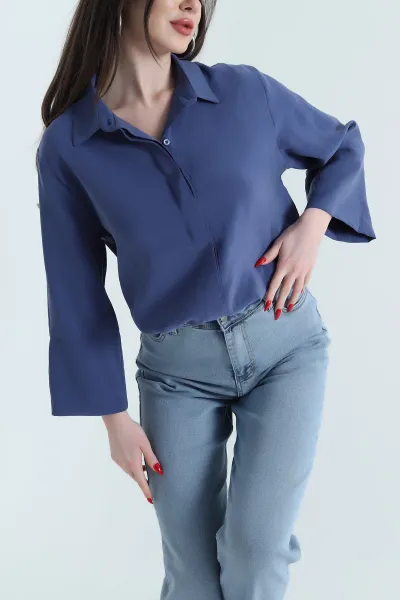 İndigo Gizli Pat Oversize Modal Kadın Gömlek 440204
