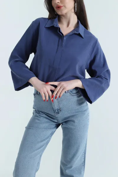 İndigo Gizli Pat Oversize Modal Kadın Gömlek 440204