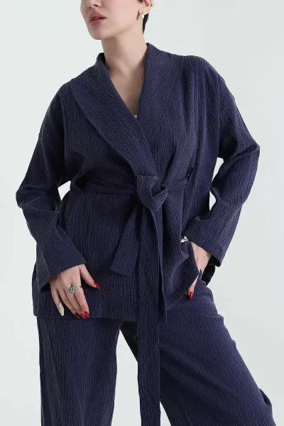 İndigo Gofre Kimono Pantolon Kadın İkili Takım 429933