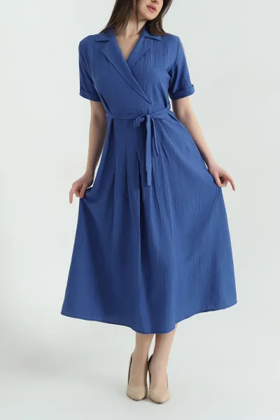 indigo-gomlek-yaka-dokuma-kemerli-kadin-elbise-358911
