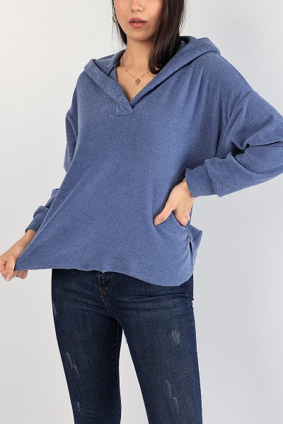 İndigo Kapüşonlu Polarlı Bayan Sweat 83541