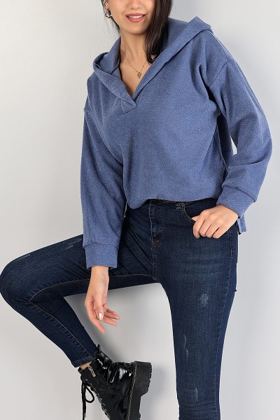 İndigo Kapüşonlu Polarlı Bayan Sweat 83541