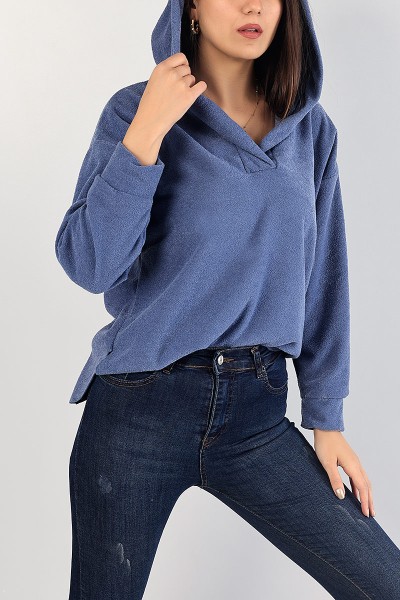 İndigo Kapüşonlu Polarlı Bayan Sweat 83541