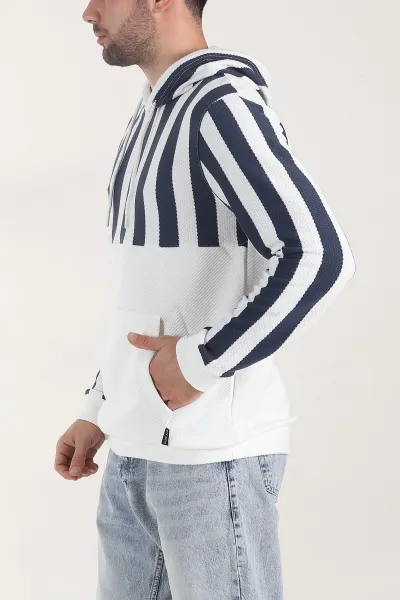 İndigo Kapüşonlu Şerit Detaylı Erkek Sweatshirt 408068
