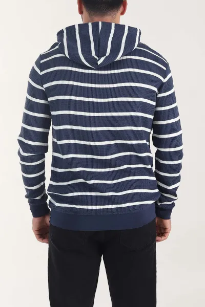 İndigo Kapüşonlu Yazı Detaylı Çizgili Erkek Sweatshirt 407972