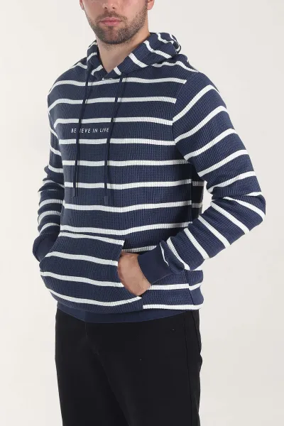 İndigo Kapüşonlu Yazı Detaylı Çizgili Erkek Sweatshirt 407972
