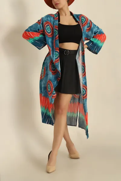 İndigo Kemerli Dokuma Viskon Kimono 251688