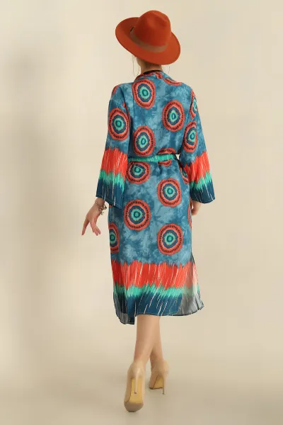 İndigo Kemerli Dokuma Viskon Kimono 251688