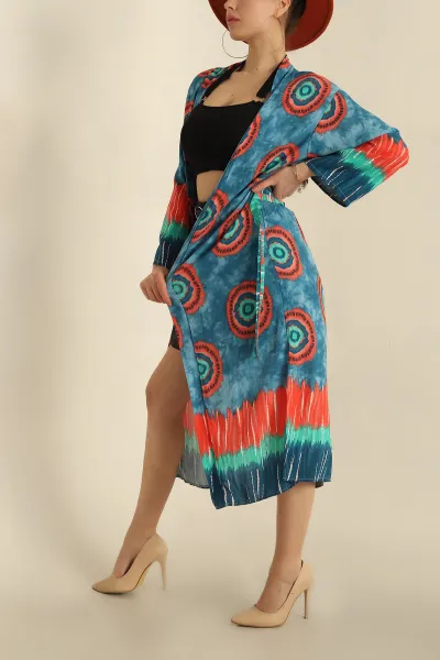 İndigo Kemerli Dokuma Viskon Kimono 251688