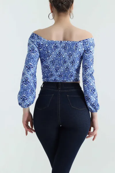 İndigo Krinkıl Büzgülü  Desenli Kadın Bluz 437889