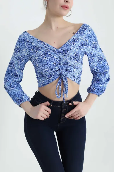 İndigo Krinkıl Büzgülü  Desenli Kadın Bluz 437889