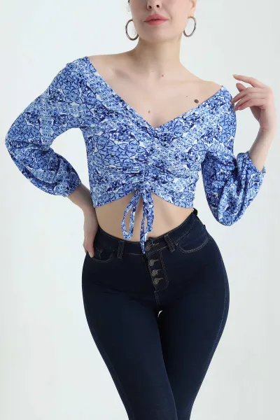 İndigo Krinkıl Büzgülü  Desenli Kadın Bluz 437889