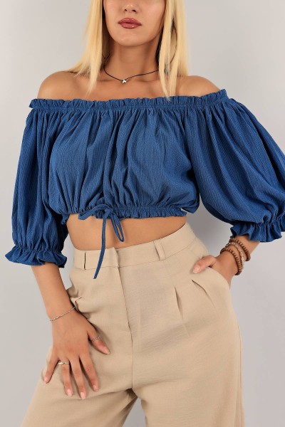 İndigo Madonna Yaka Krinkıl Bluz 127557