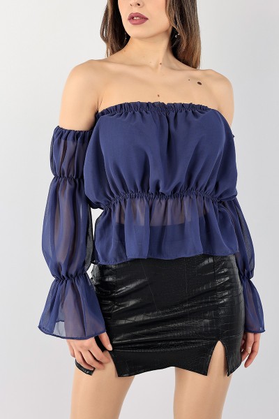 İndigo Madonna Yaka Şifon Bluz 99149