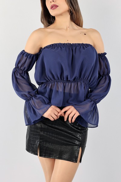 İndigo Madonna Yaka Şifon Bluz 99149