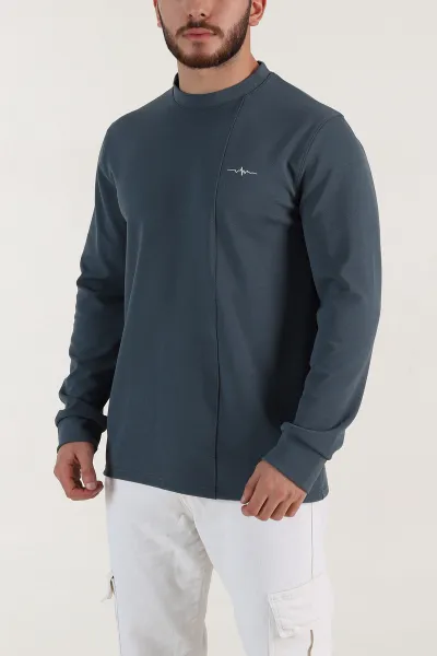 İndigo Nakış Detaylı Bisiklet Yaka Erkek Sweatshirt 396258