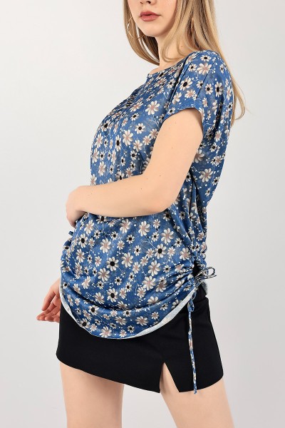 İndigo Oval Kesim Yanı Büzgülü Bluz 105521