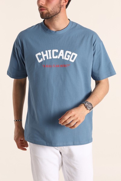 İndigo Oversize Chicago Baskılı Erkek Tişört 181407