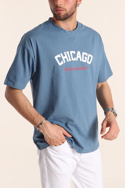 İndigo Oversize Chicago Baskılı Erkek Tişört 181407