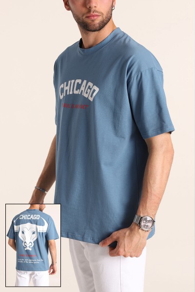 İndigo Oversize Chicago Baskılı Erkek Tişört 181407