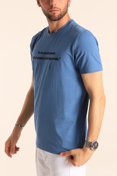 İndigo Oversize Göğüs Kabartma Yazılı Erkek Tişört 181425