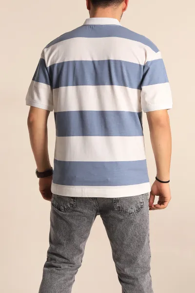 İndigo Oversize İki İp Geniş Çizgili Polo Yaka Erkek Tişört 257564