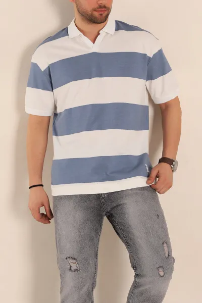 İndigo Oversize İki İp Geniş Çizgili Polo Yaka Erkek Tişört 257564