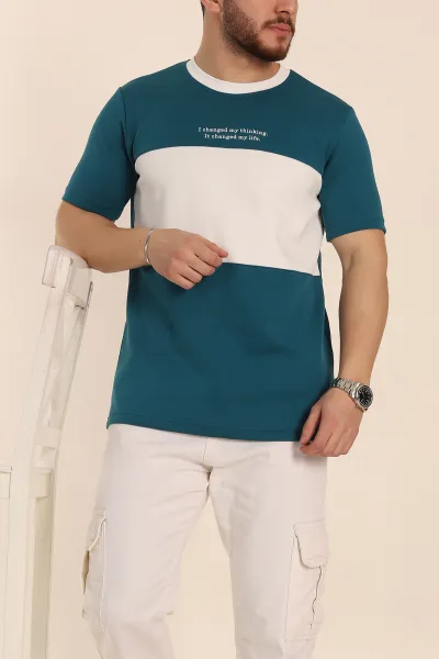 İndigo Oversize İnterlok Kumaş Kabartma Yazı Detaylı Erkek Tişört 353350