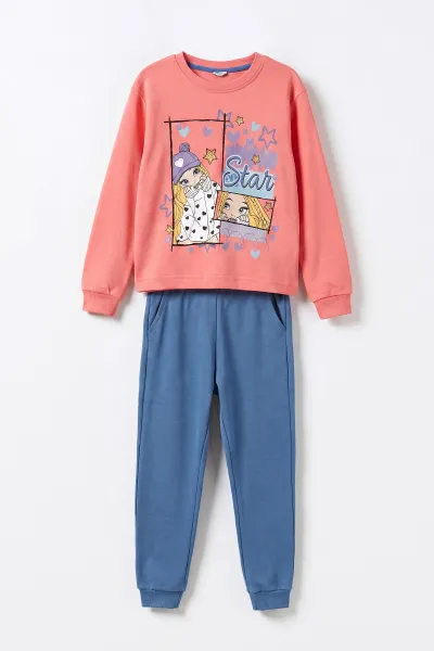 İndigo Pembe (7-10 Yaş)Star Kız Baskılı  Kız Çocuk Pijama Takımı 477009