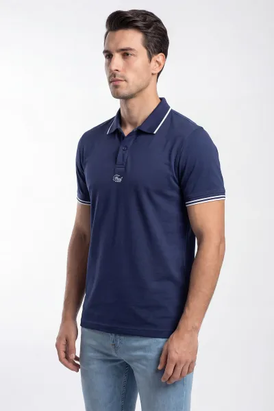 İndigo Polo Yaka Düğmeli Yazı Detaylı Erkek Tişört 435372
