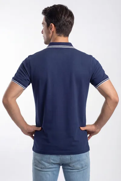 İndigo Polo Yaka Düğmeli Yazı Detaylı Erkek Tişört 435372