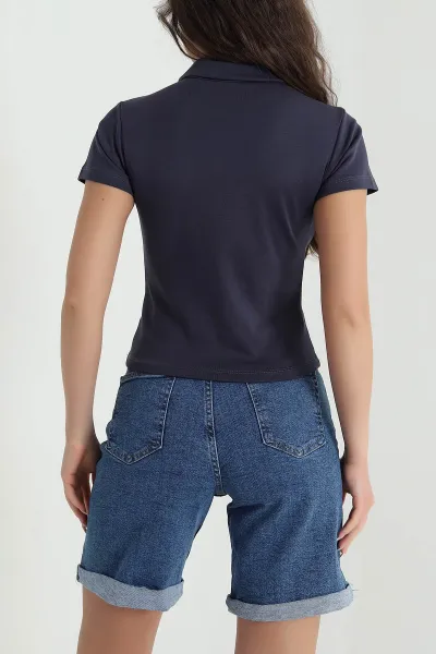 İndigo Polo Yaka Ribana Kadın Bluz 461028