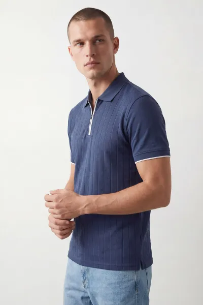 İndigo Polo Yaka Yarım Fermuarlı Erkek Tişört 435367