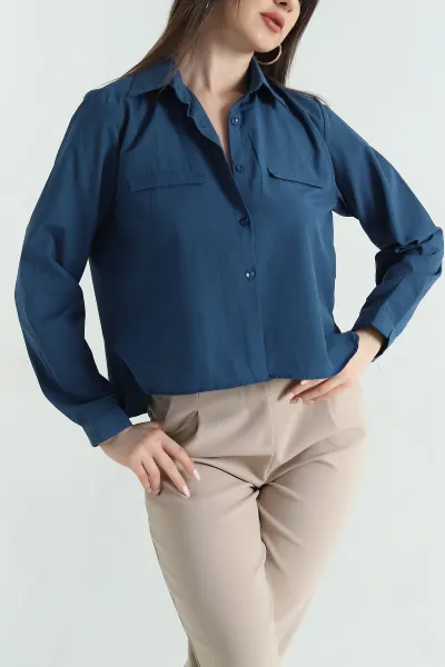 İndigo Poplin Kumaş Kadın Crop Gömlek 355801